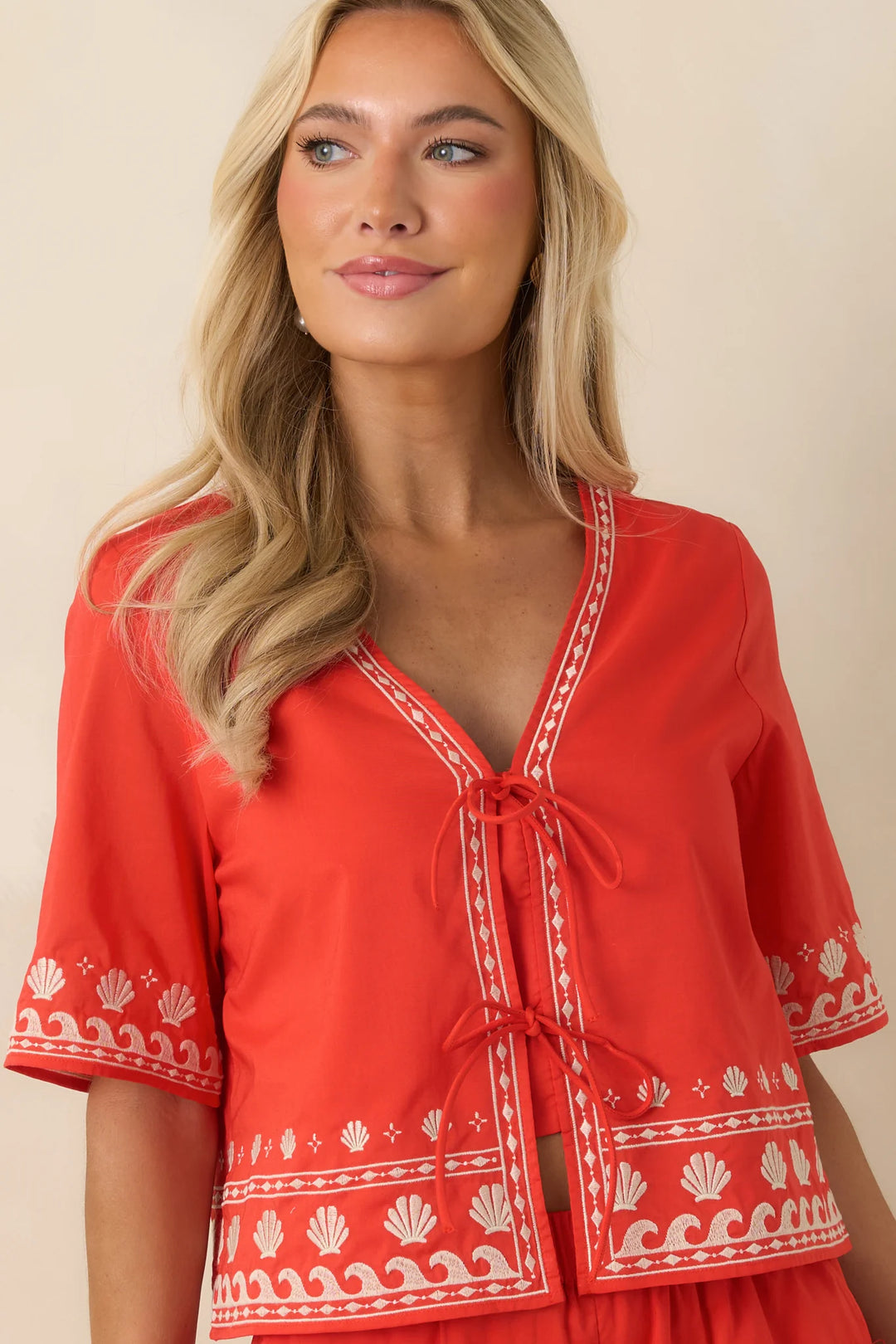 Z Supply Cast of Waves Poppy Red Cotton Embroidered Cropped Top