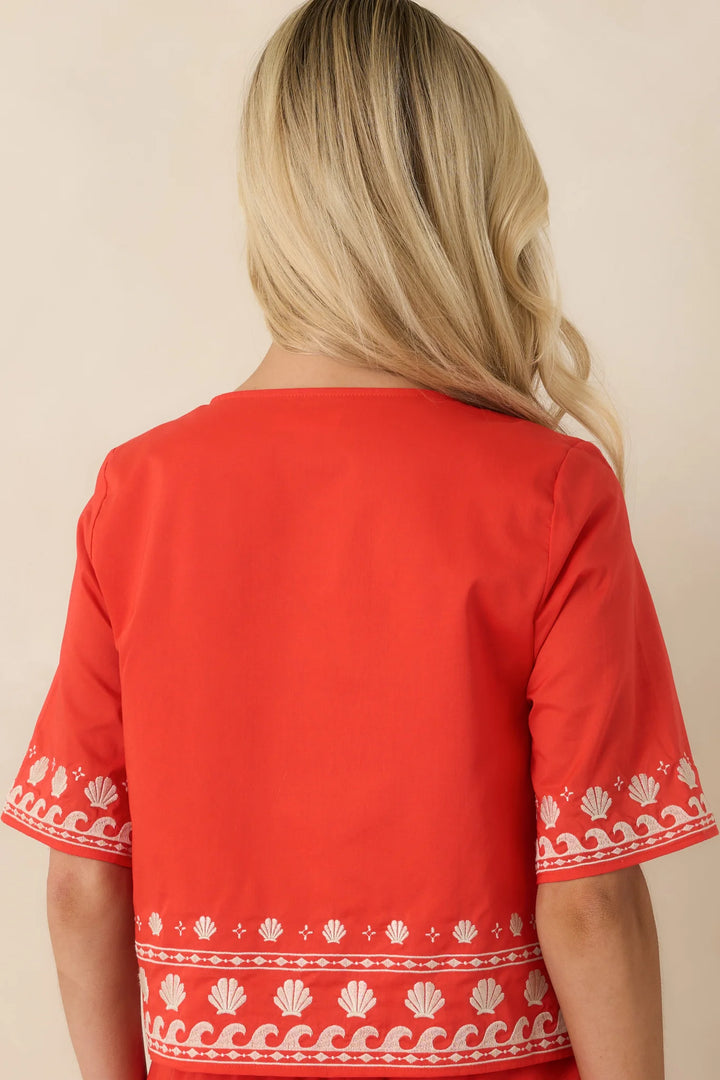 Z Supply Cast of Waves Poppy Red Cotton Embroidered Cropped Top