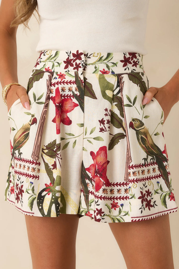 Aylaya Andrea Deep Red & Moss Green Multi Tropical Print Shorts