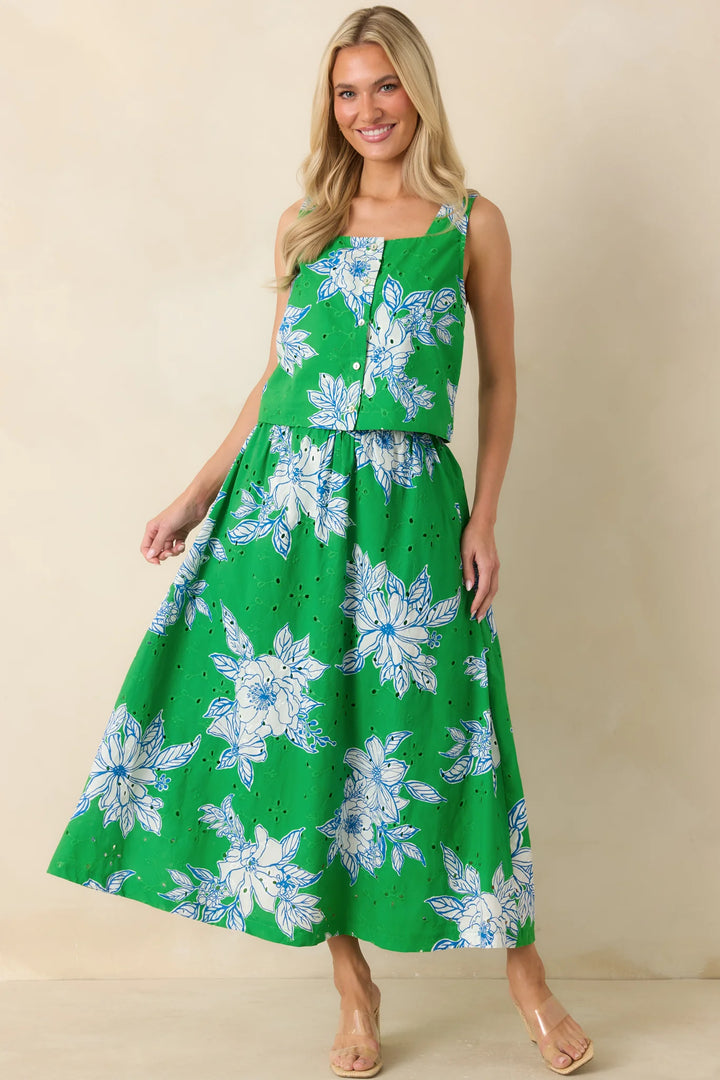 Just One of Those Days Green & White Floral Cotton Maxi Skirt