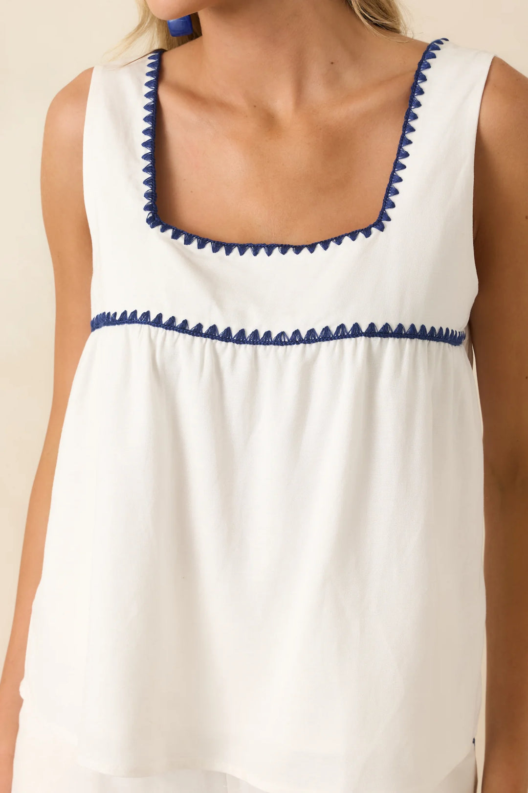 Picnic Table Stories Ivory & Navy Contrast Stitch Tank Top