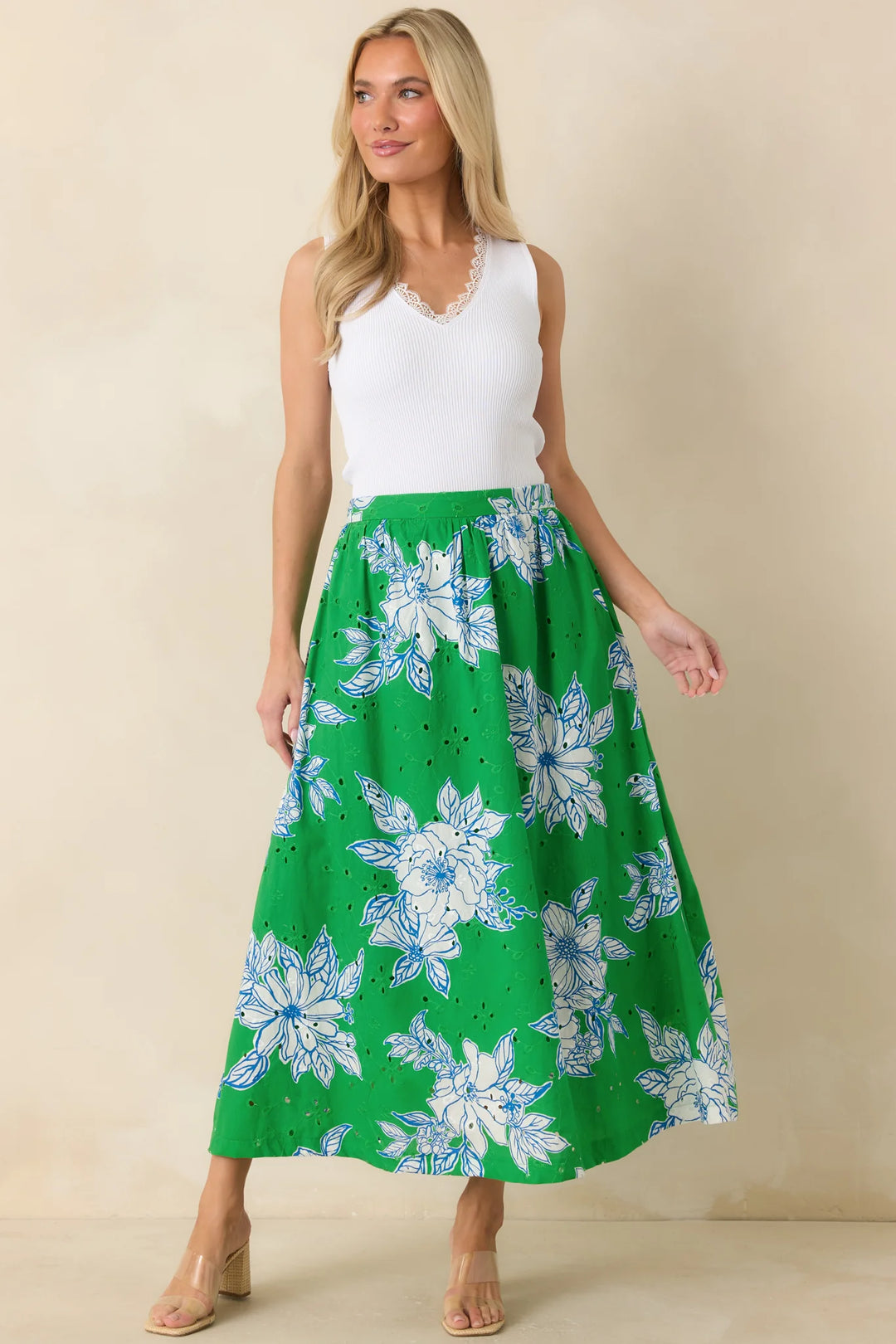 Just One of Those Days Green & White Floral Cotton Maxi Skirt
