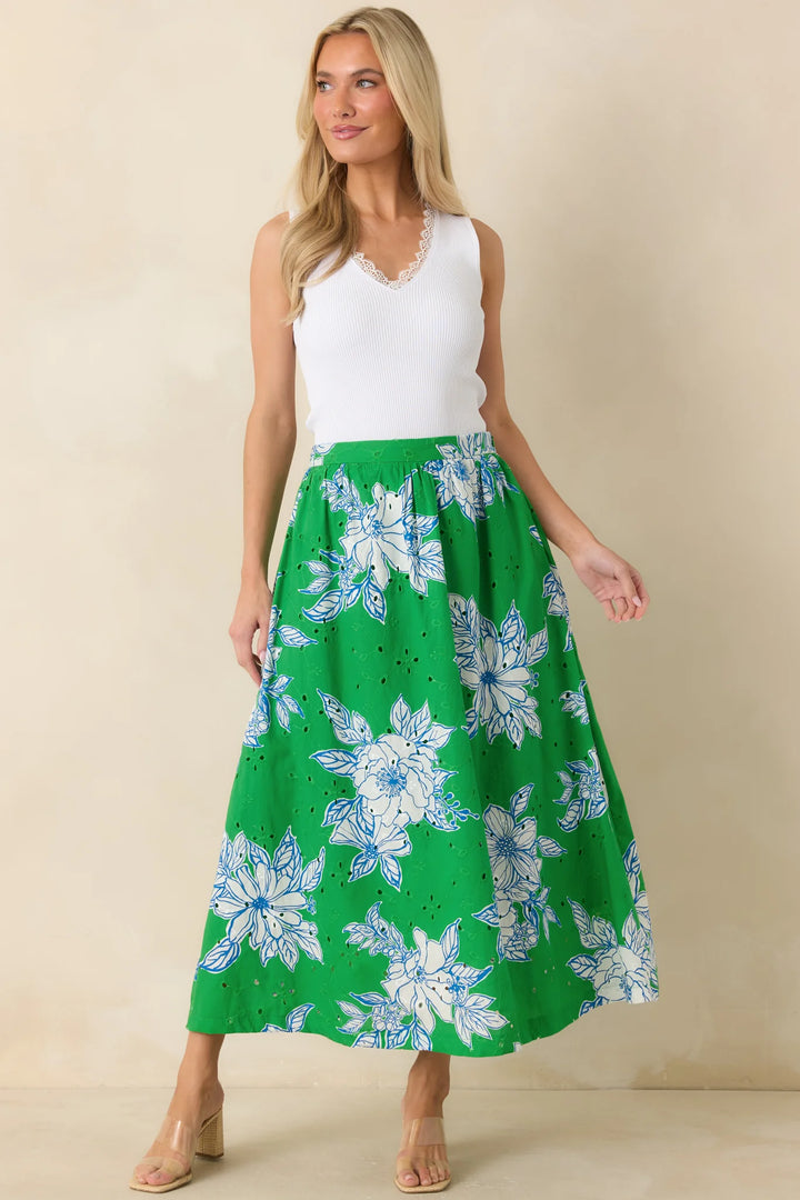 Just One of Those Days Green & White Floral Cotton Maxi Skirt
