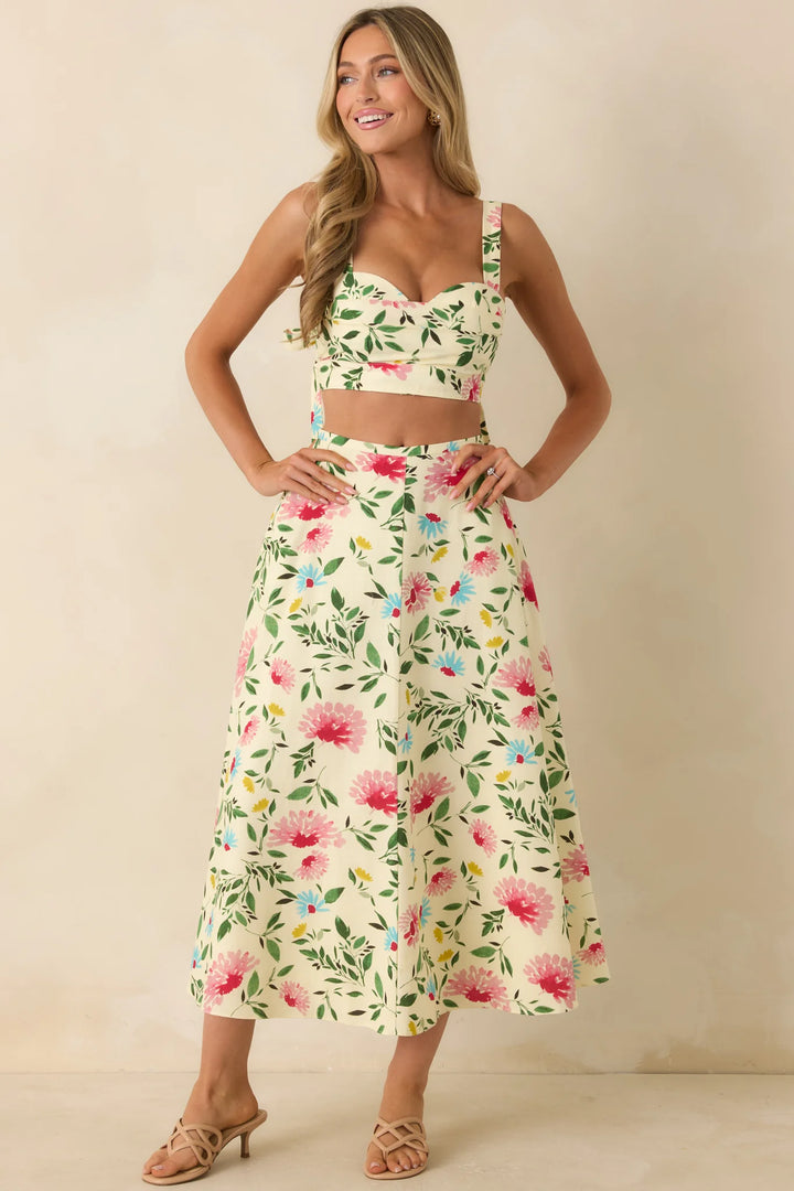 ASTR The Label Yellow Multi Floral Midi Skirt