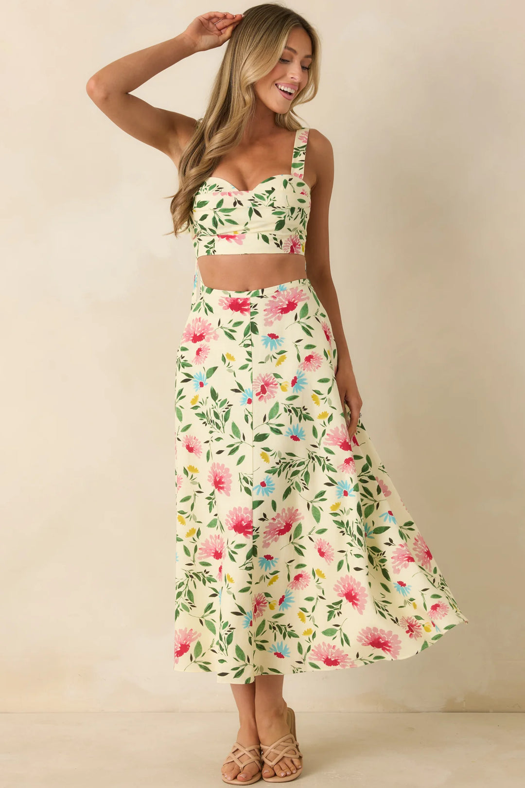 ASTR The Label Myria Yellow Multi Floral Pleated Crop Top