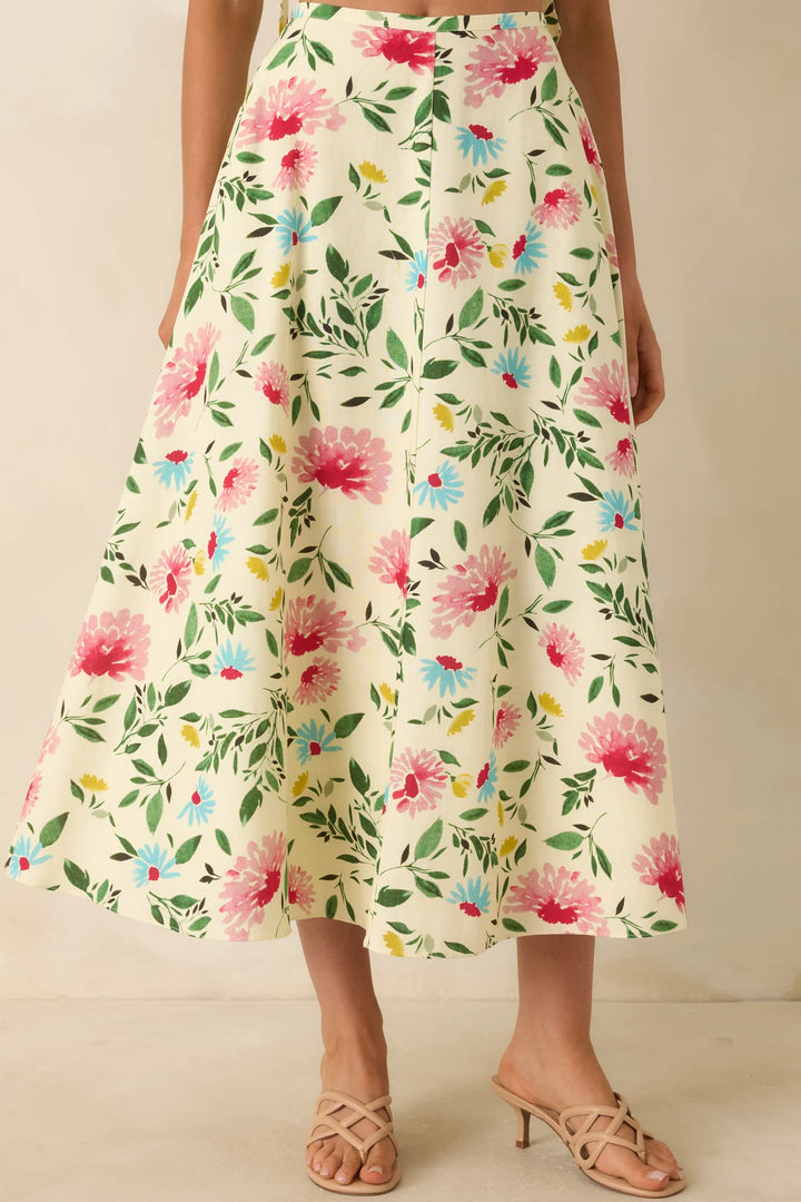 ASTR The Label Yellow Multi Floral Midi Skirt