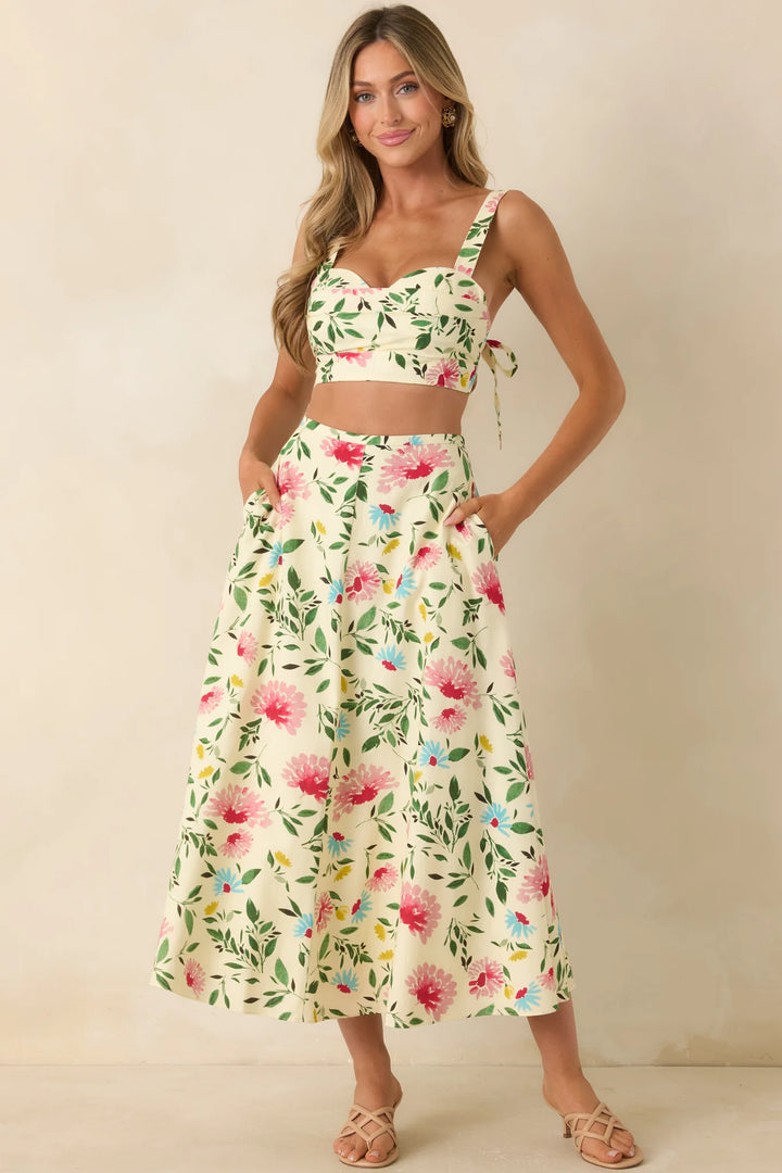 ASTR The Label Yellow Multi Floral Midi Skirt