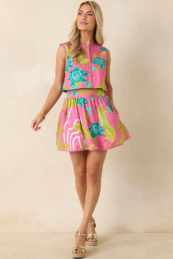 Prosperina Hadley Pink Multi Chinoiserie Cotton Mini Skirt