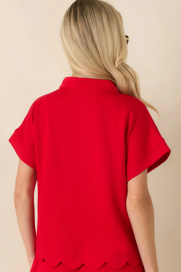First Class Flirt Red Scalloped Hem Top