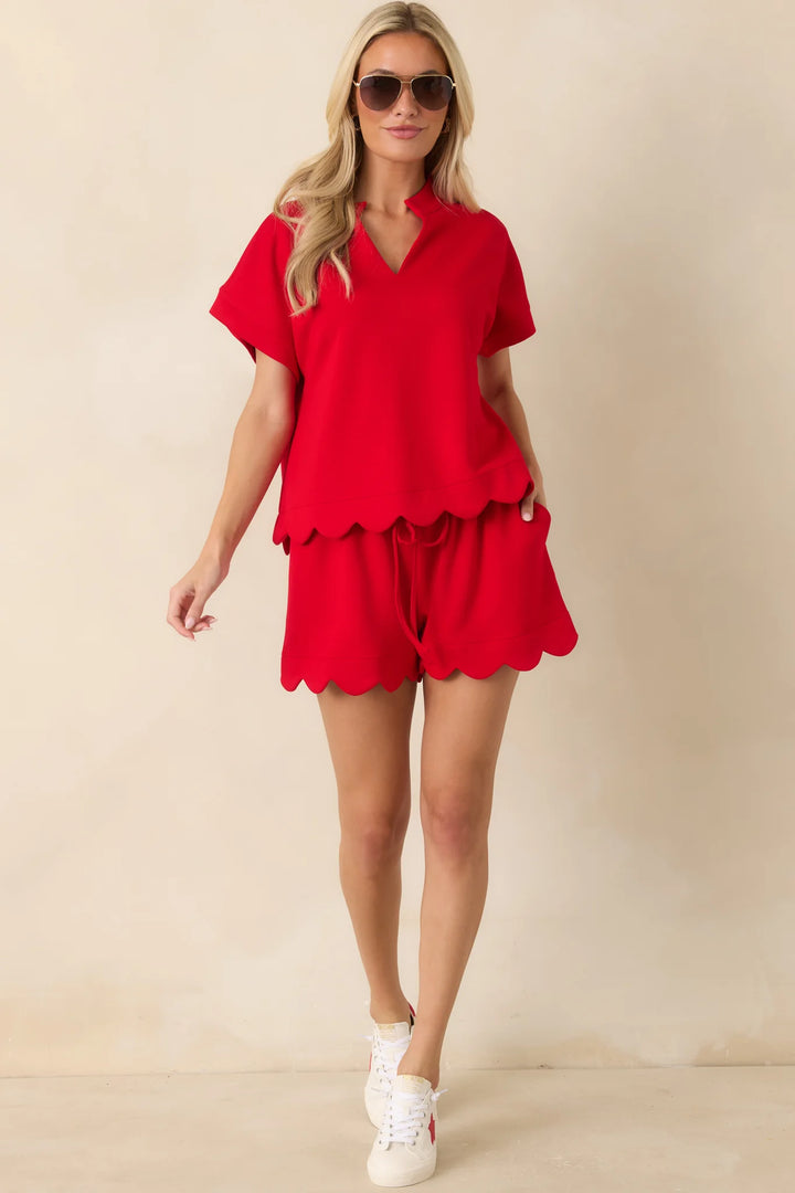 First Class Flirt Red Scalloped Hem Top