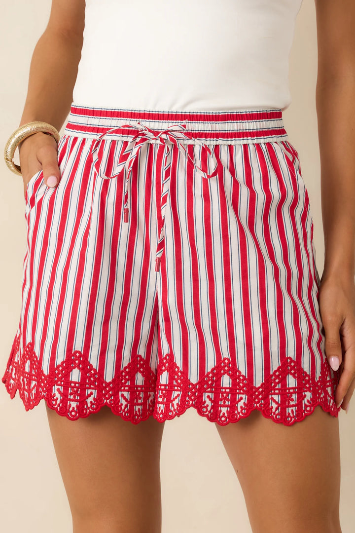 Sweet Liberty Red Multi Stripe Cotton Embroidered Scalloped Hem Shorts