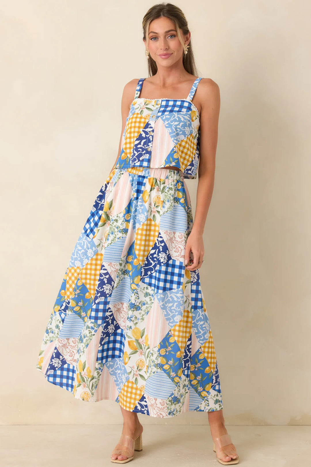 Picnic Plans Blue Multi Patchwork Print Midi Skirt