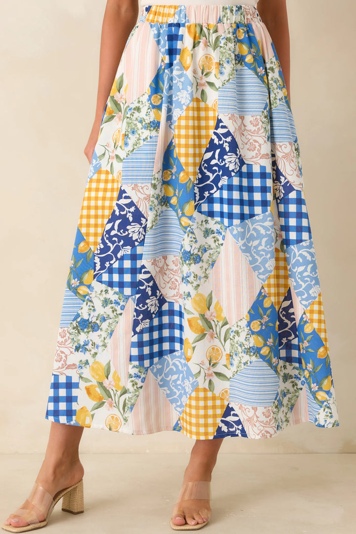 Picnic Plans Blue Multi Patchwork Print Midi Skirt
