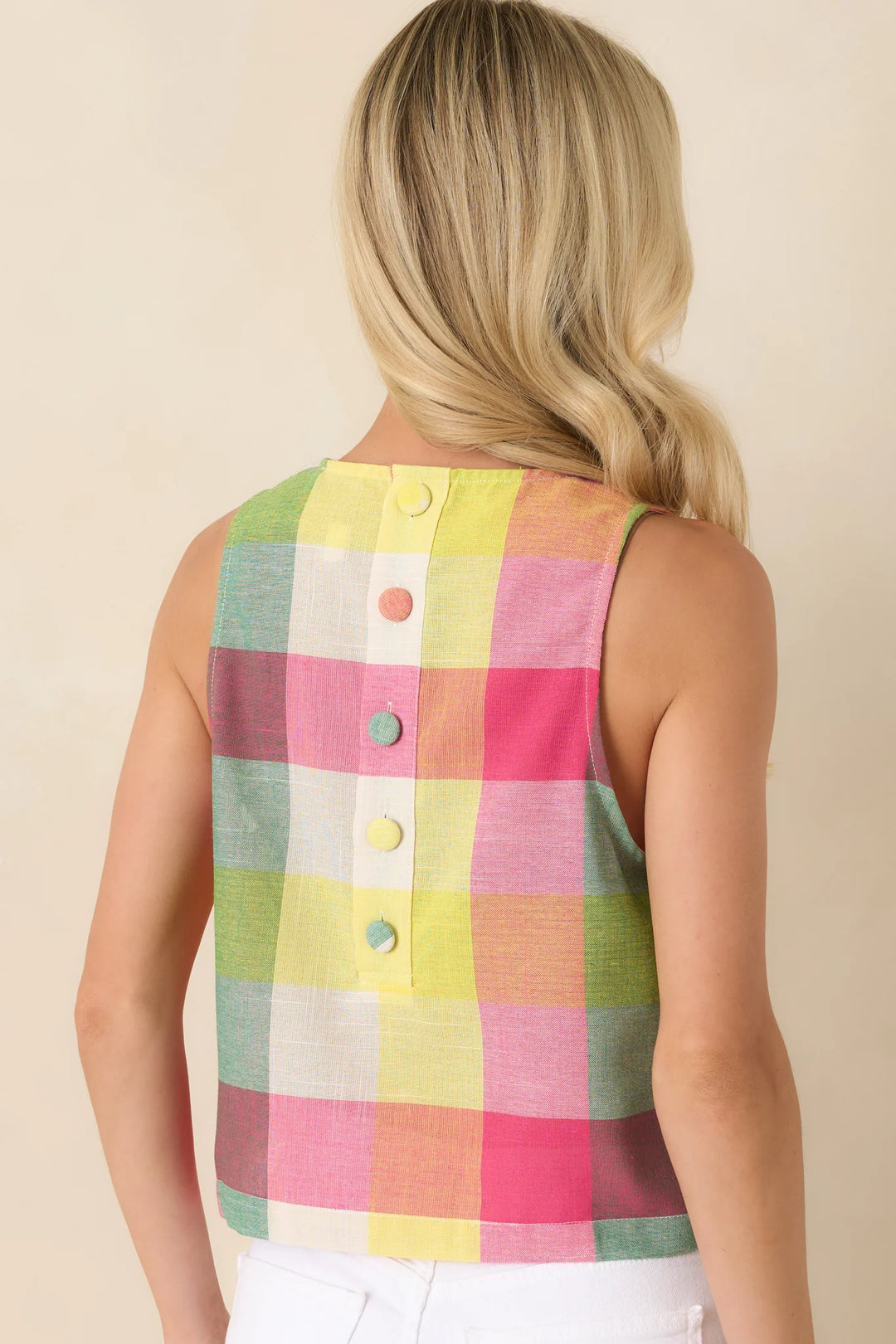 Prosperina Courtney Pink Multi Plaid Cotton Sleeveless Top
