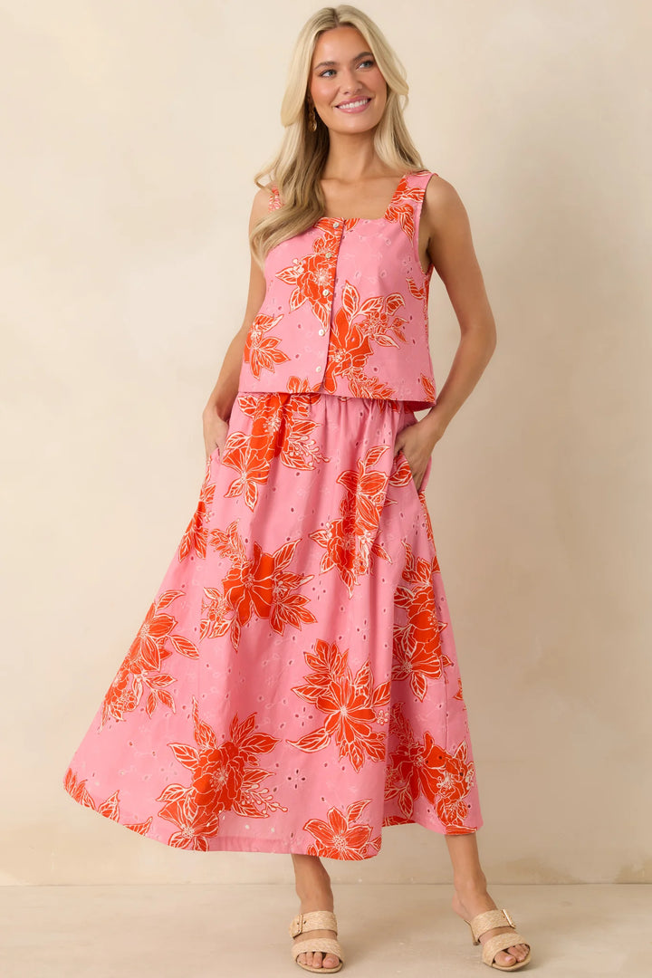 Just One of Those Days Pink & Red Floral Cotton Maxi Skirt