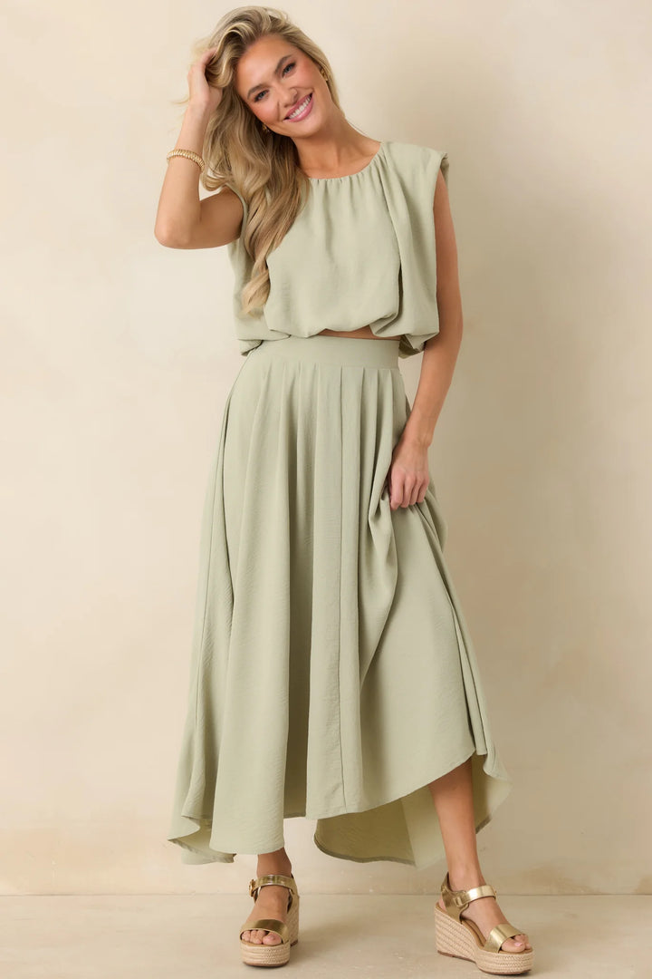 Ebb and Flow Sage Green Curved Hem Maxi Skirt