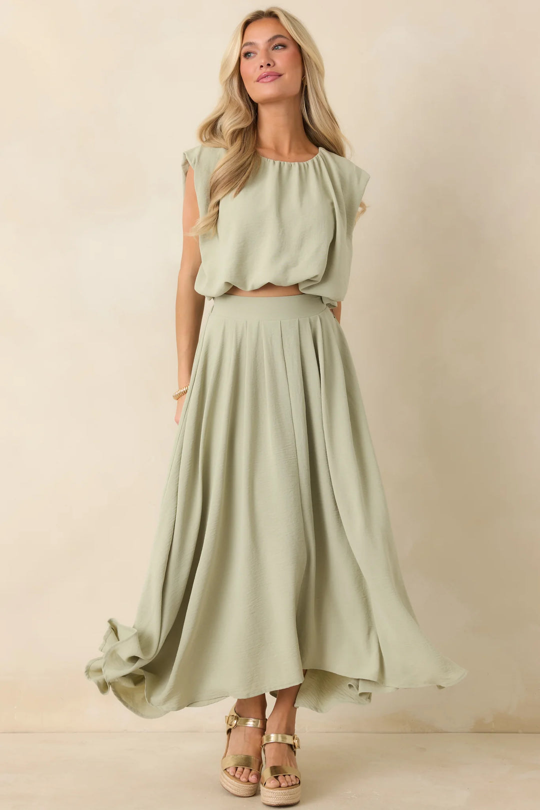 Ebb and Flow Sage Green Curved Hem Maxi Skirt