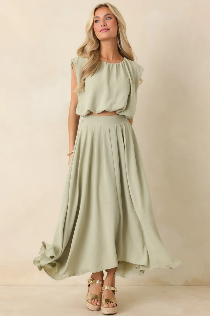 Ebb and Flow Sage Green Curved Hem Maxi Skirt