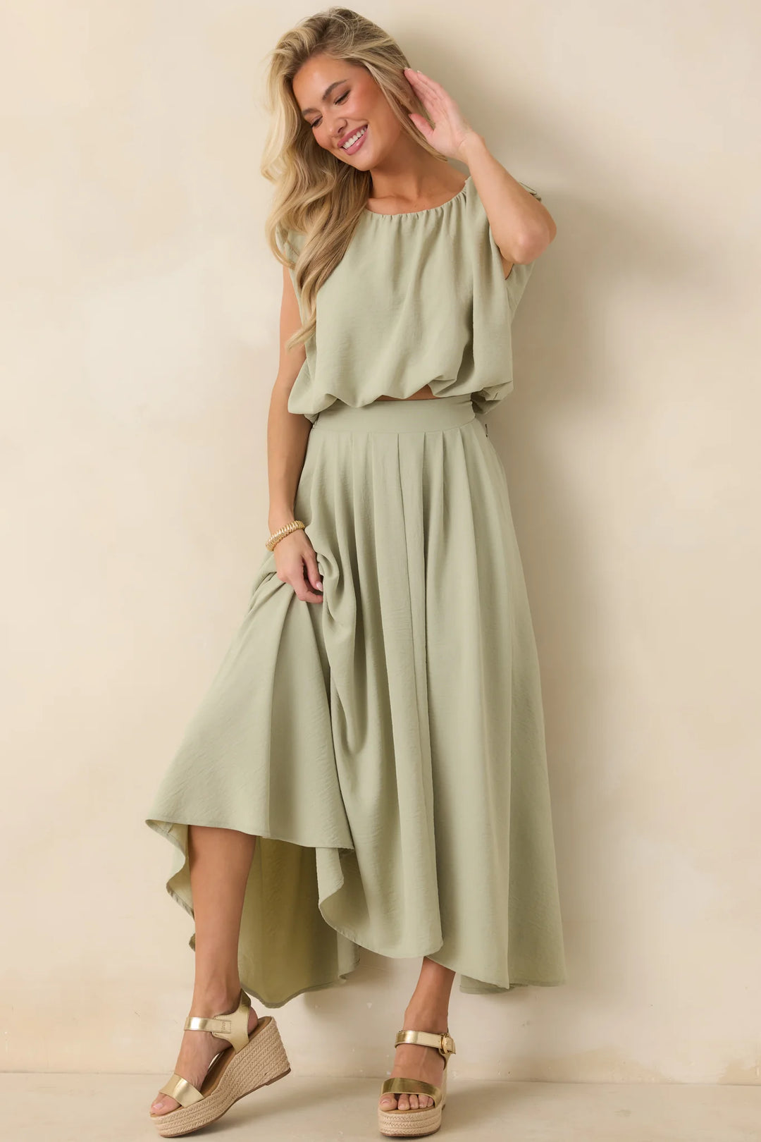 Ebb and Flow Sage Green Blouson Crop Top