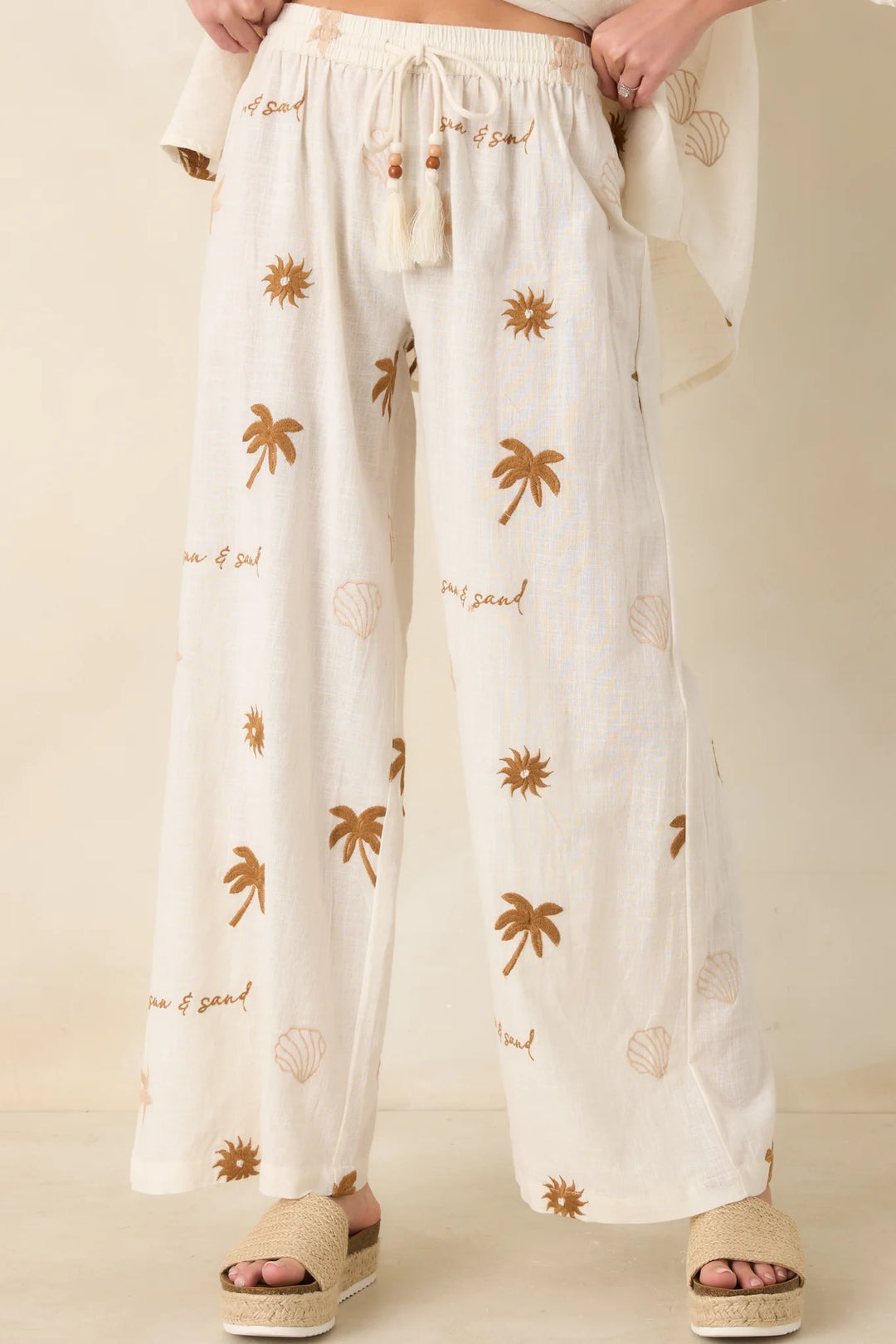Driftwood Days Light Beige Cotton Coastal Embroidered Wide Leg Pants