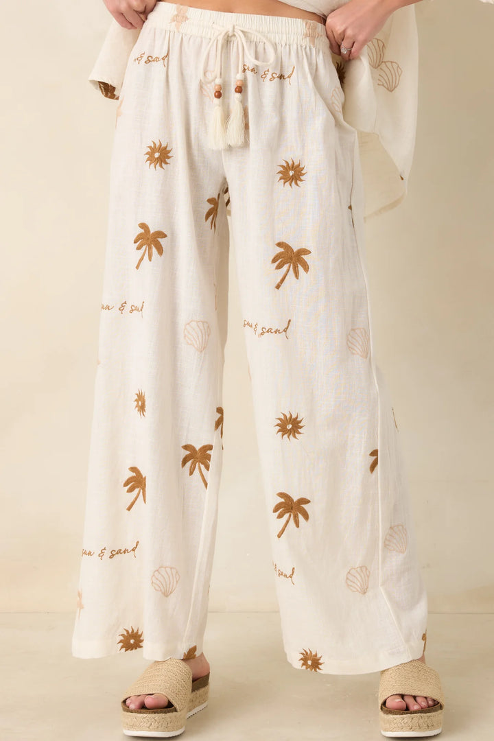 Driftwood Days Light Beige Cotton Coastal Embroidered Wide Leg Pants