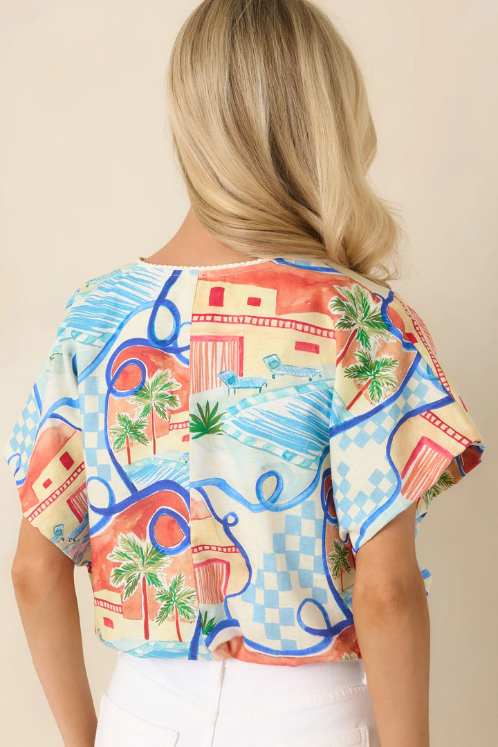 Where To Next? Coral Orange & Blue Multi Poolside Print Top