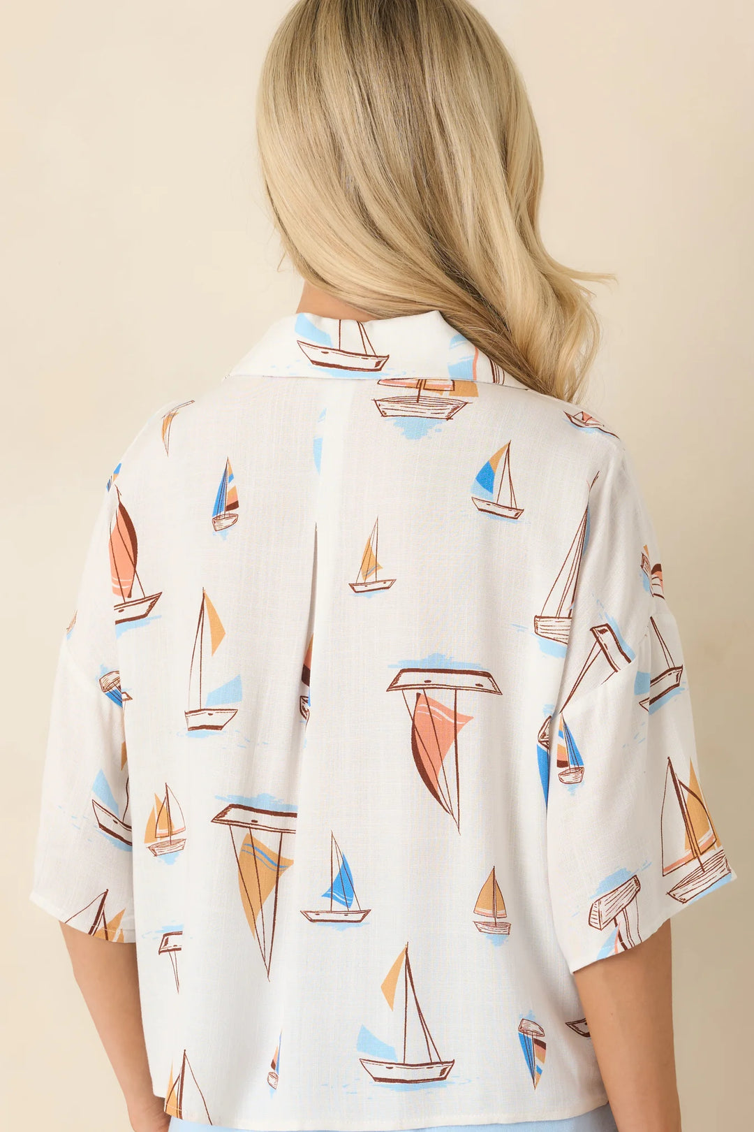 Set Sail With Me Ivory Multi Sailboat Print Blouse