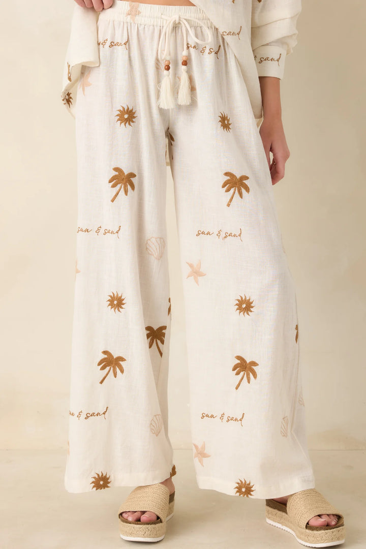 Driftwood Days Light Beige Cotton Coastal Embroidered Wide Leg Pants
