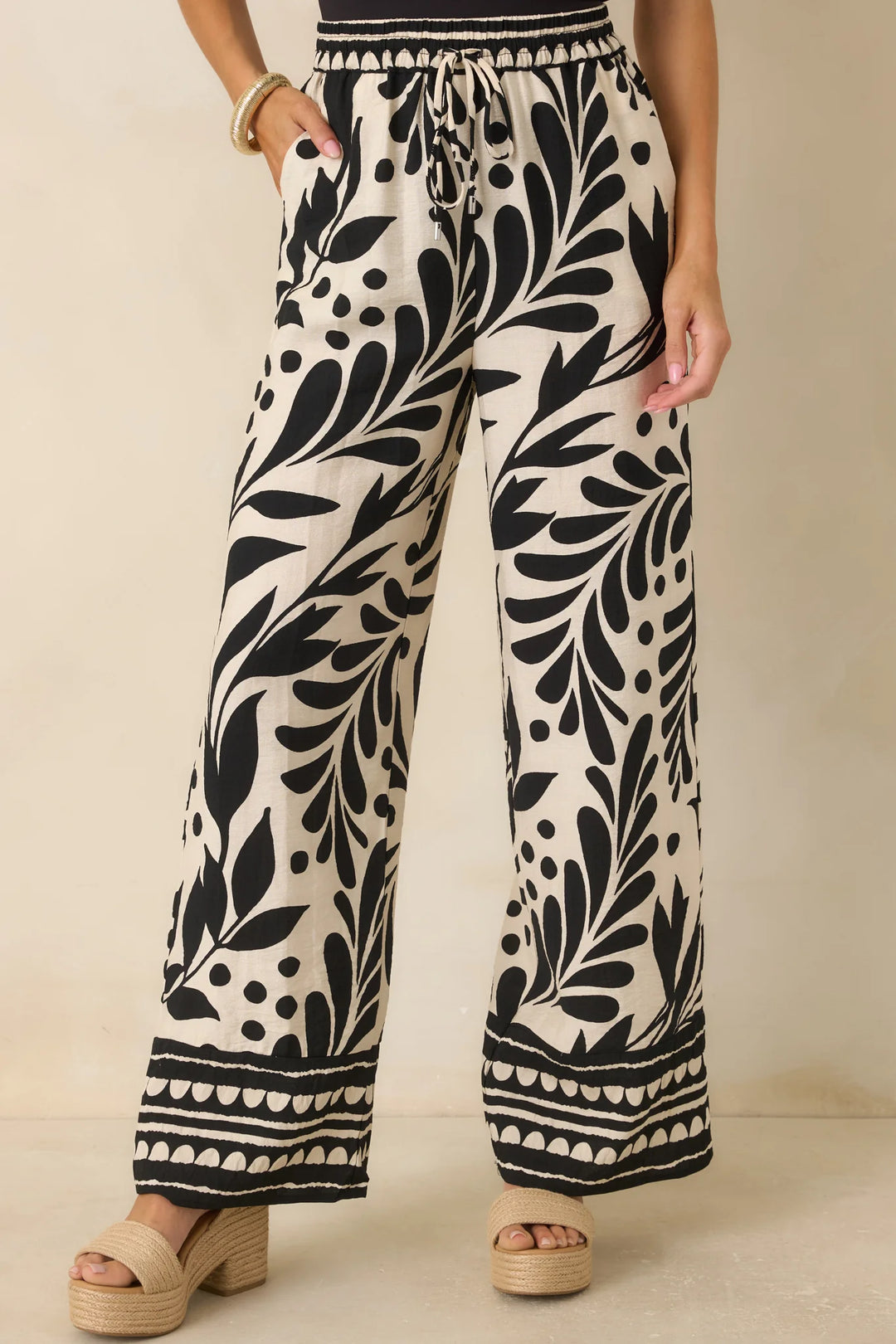Palma Nights Black & Natural Botanical Print Wide Leg Pants
