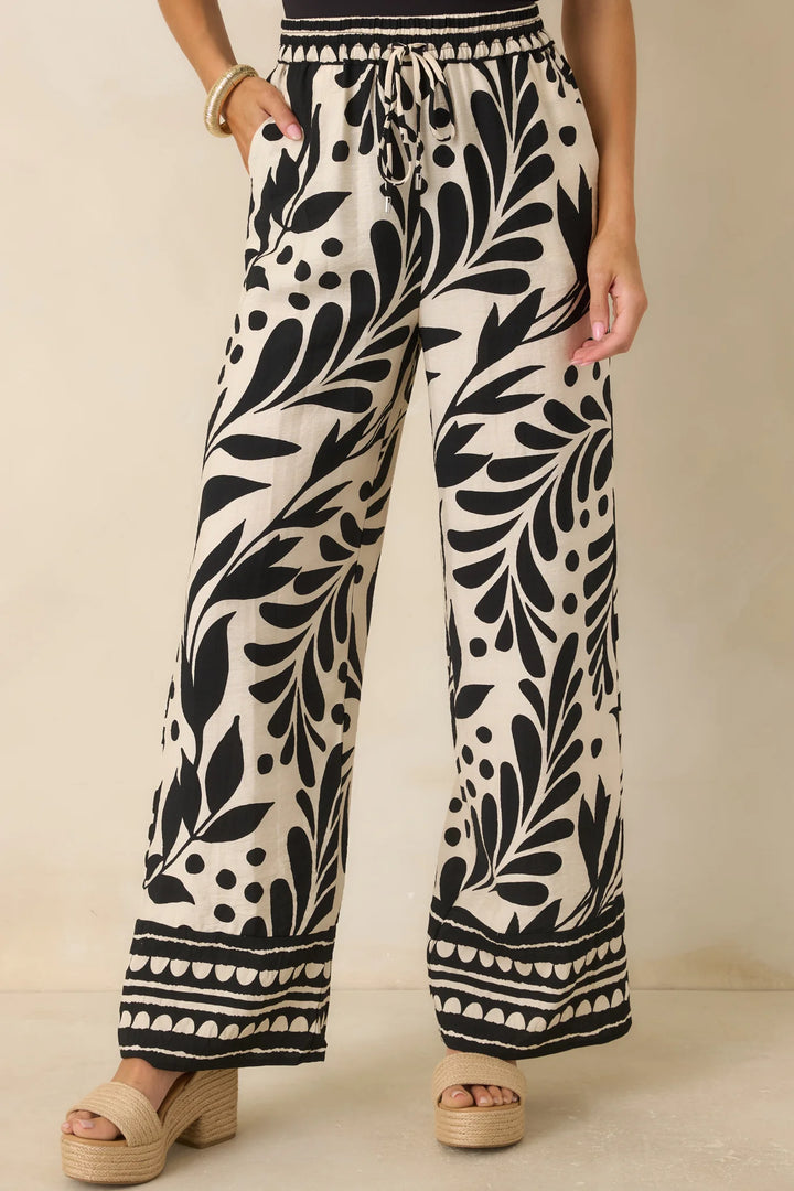 Palma Nights Black & Natural Botanical Print Wide Leg Pants