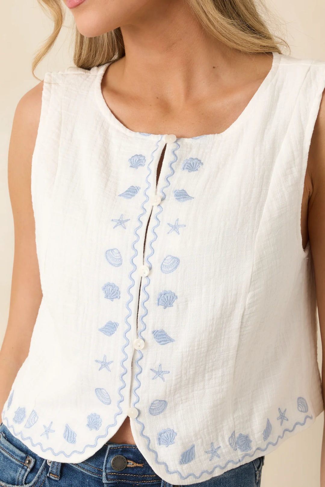 Just Beachy Ivory Cotton Embroidered Seashell Top