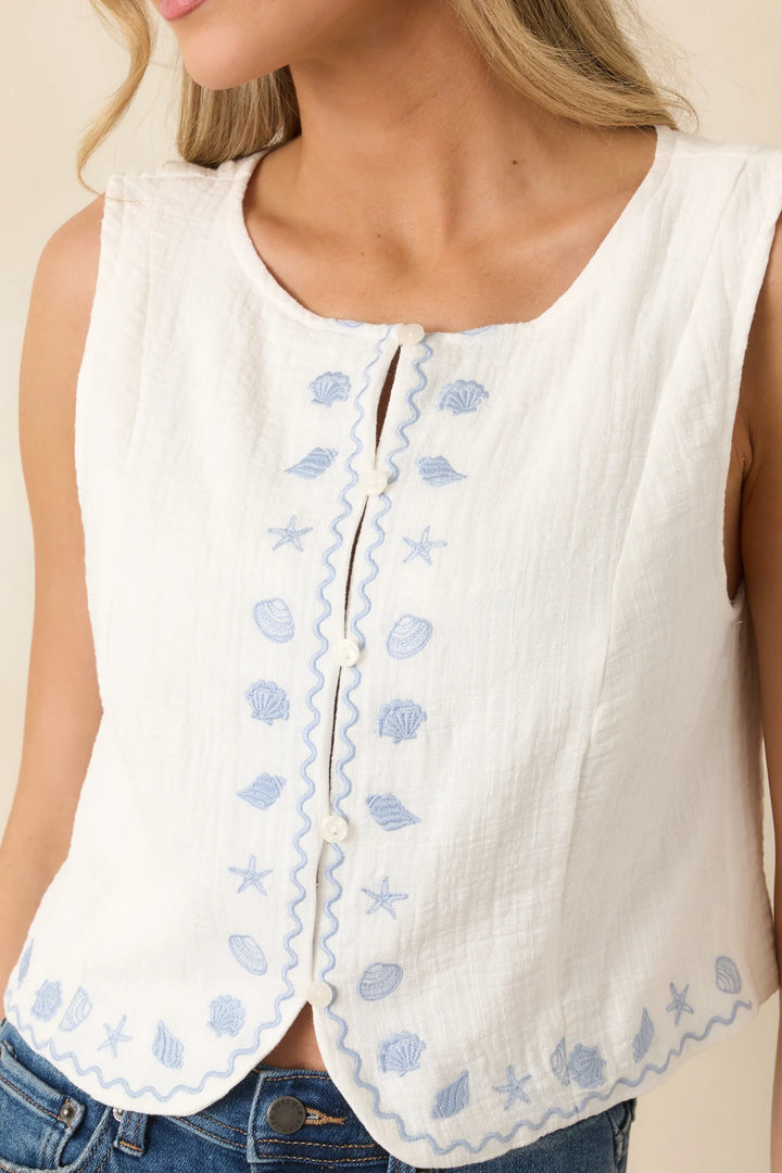 Just Beachy Ivory Cotton Embroidered Seashell Top