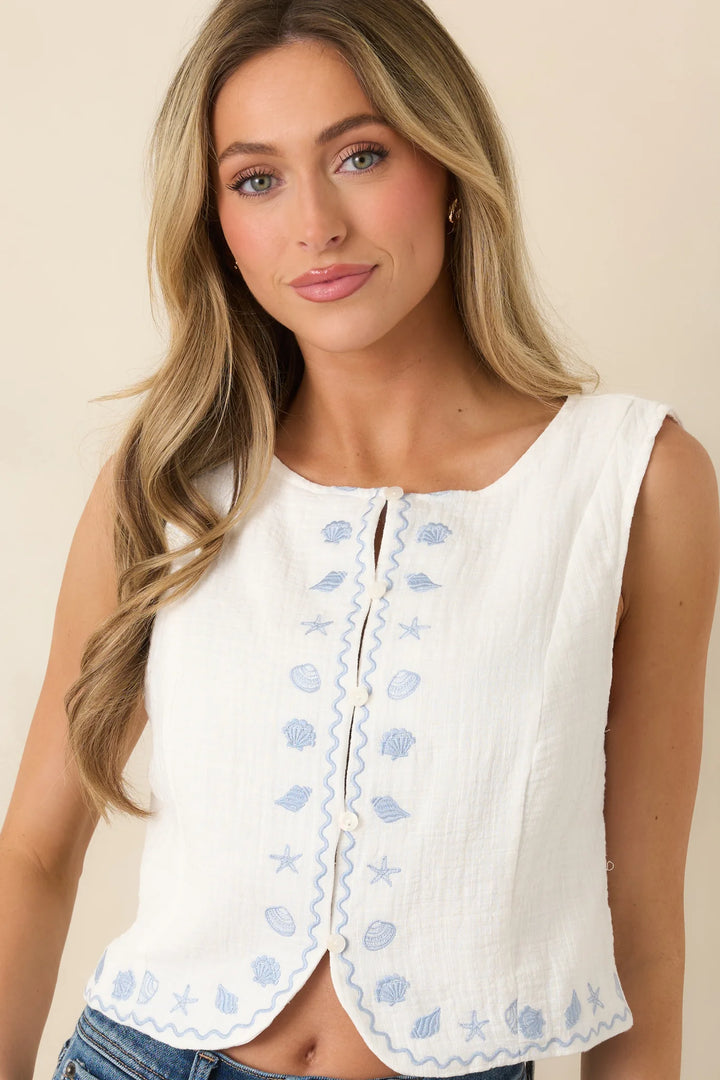 Just Beachy Ivory Cotton Embroidered Seashell Top