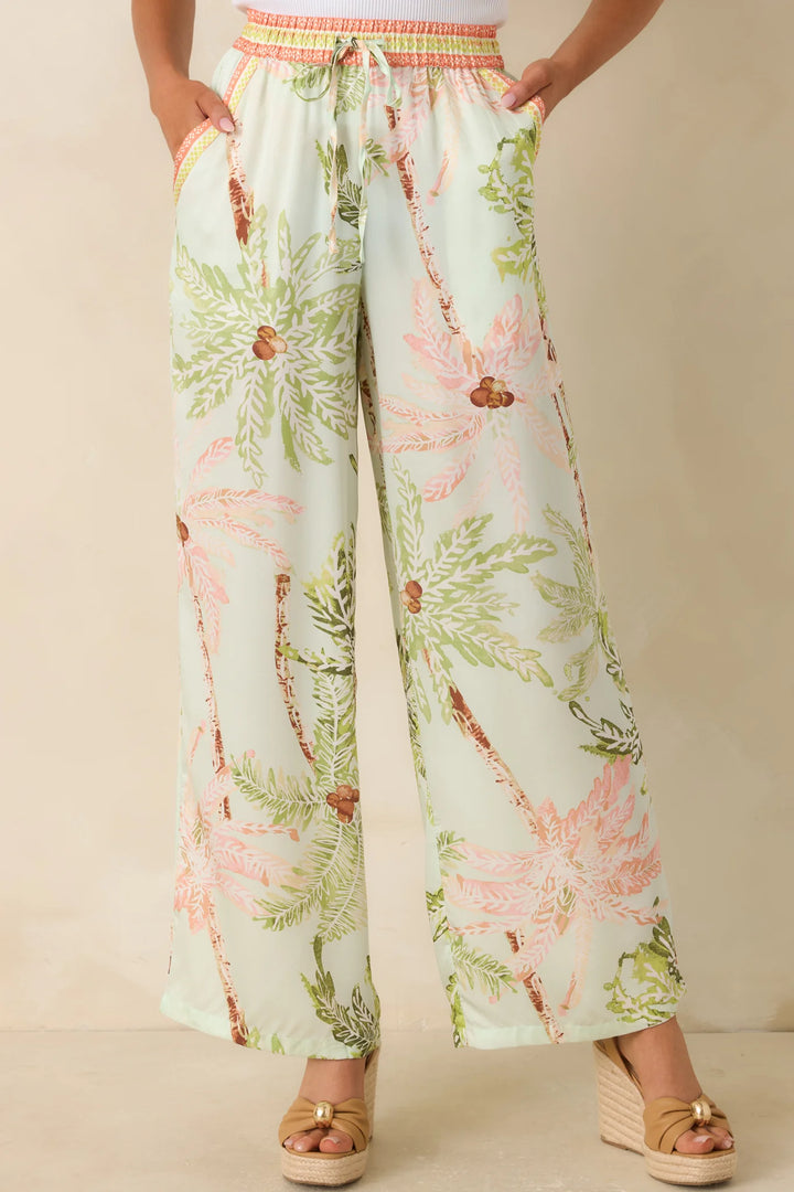 Palm Breeze Seafoam Green Palm Print Drawstring Pants