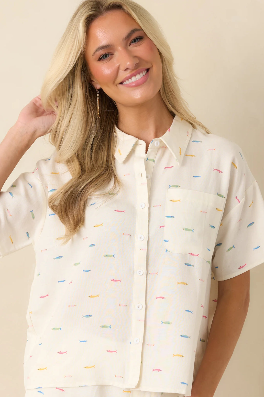 School's Out Ivory Multi Fish Print Button-Up Top