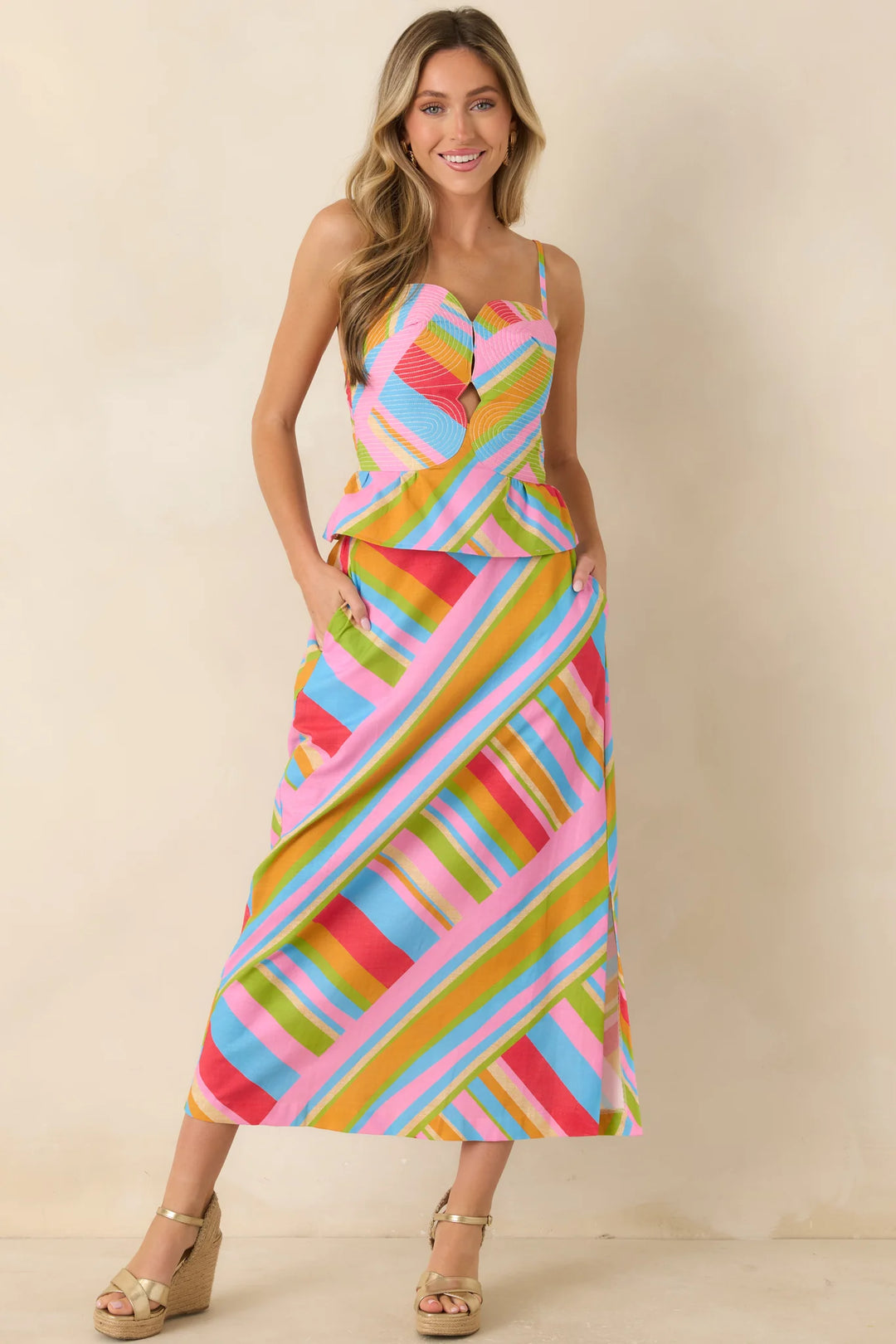 Nothing But Good Vibes Multi Geometric Cotton Linen Midi Skirt