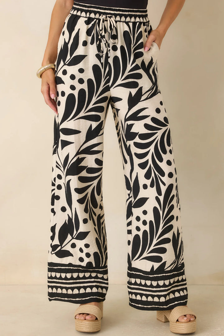 Palma Nights Black & Natural Botanical Print Wide Leg Pants