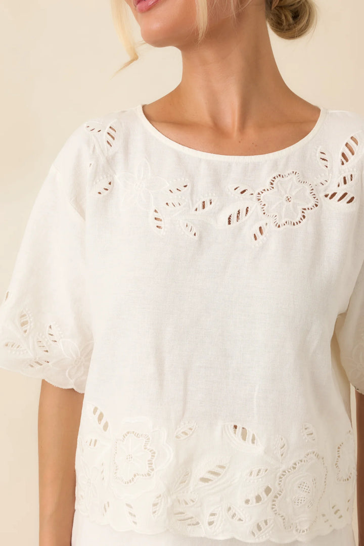 Z Supply Daya White Floral Cutwork Embroidered Top
