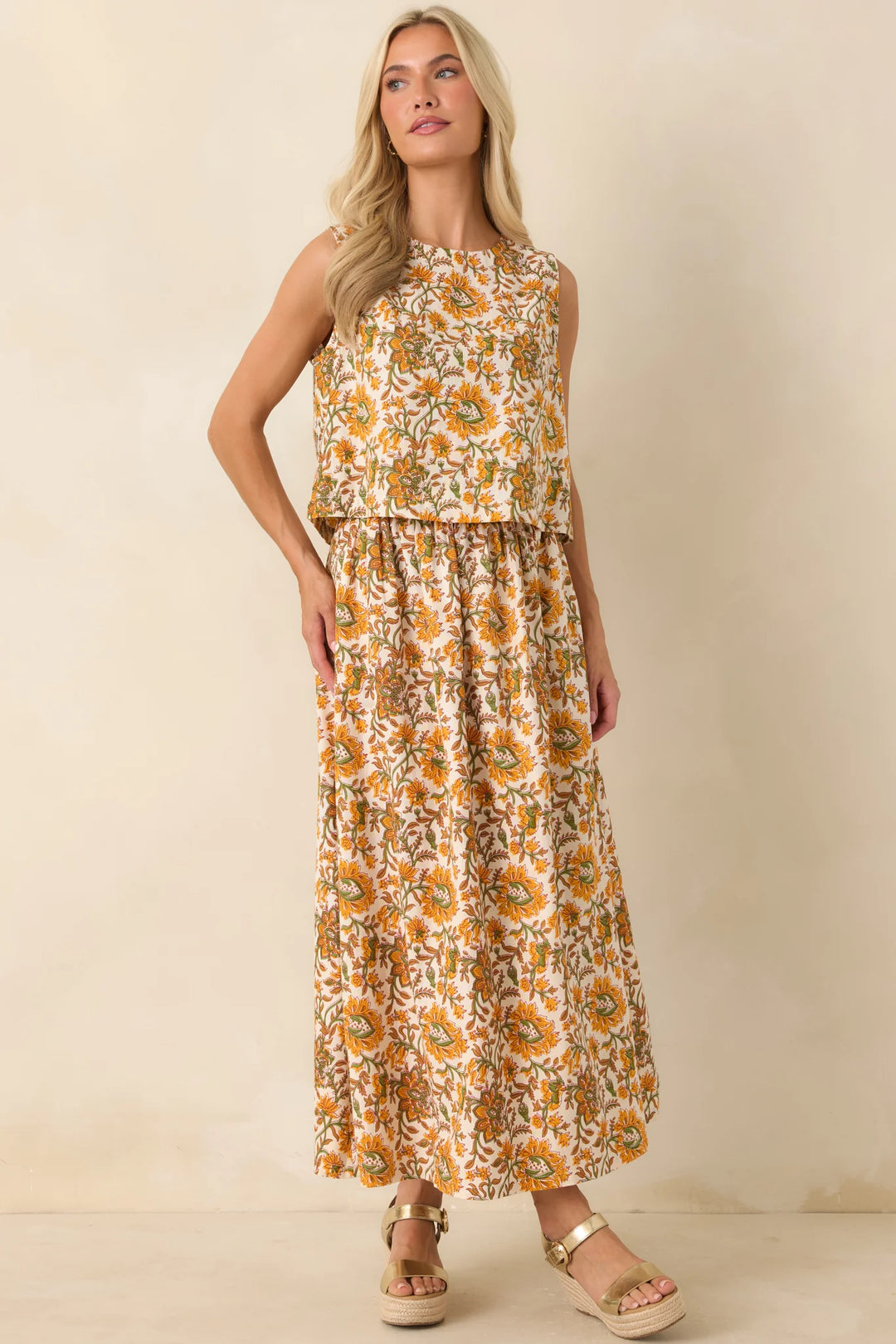 Easy to Love Marigold & Olive Green Floral Cotton Maxi Skirt