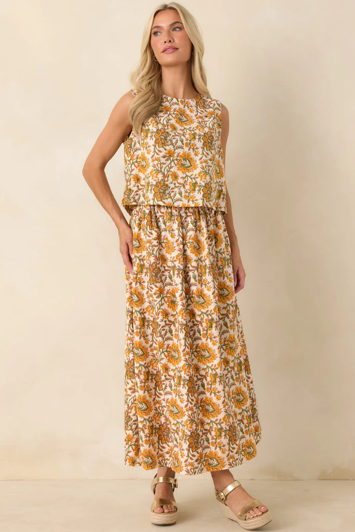 Easy to Love Marigold & Olive Green Floral Cotton Maxi Skirt