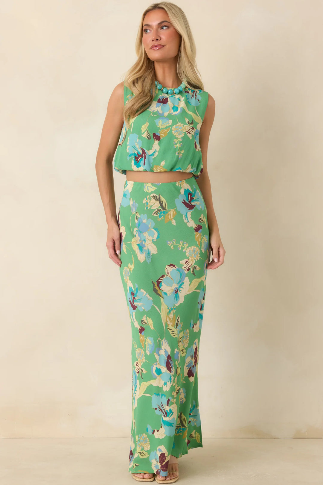 MINKPINK Cyprus Green Floral Bias Maxi Skirt