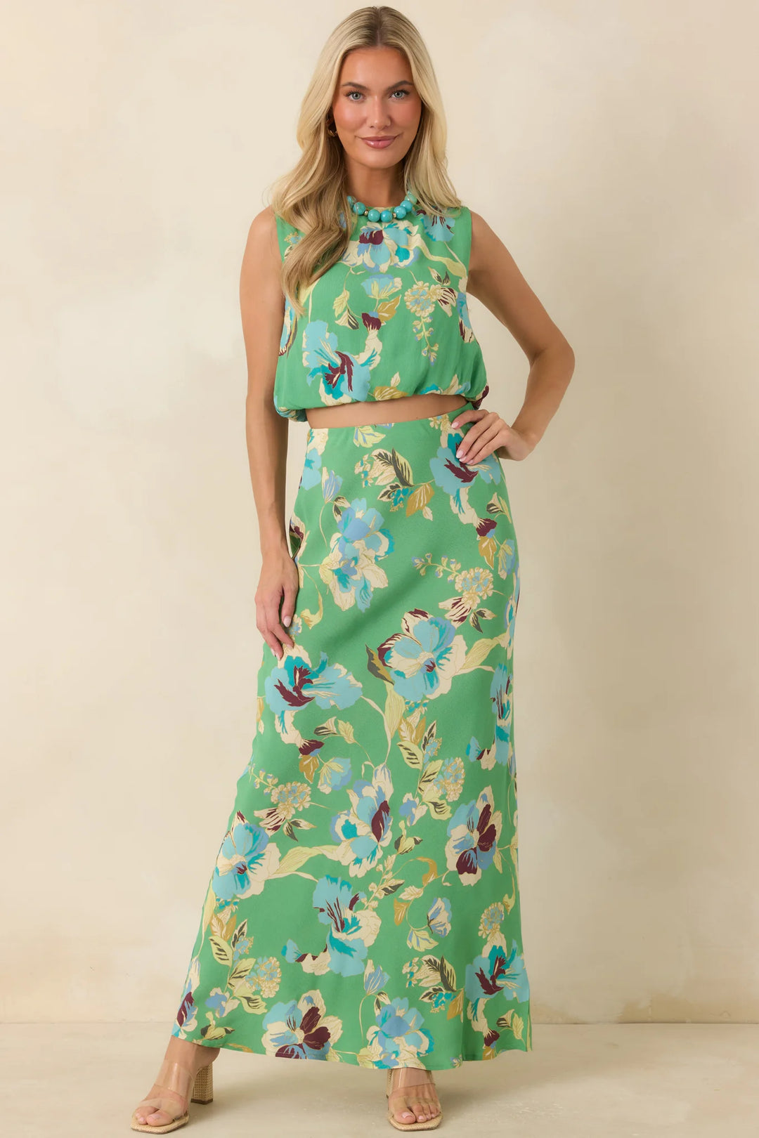 MINKPINK Cyprus Green Floral Bias Maxi Skirt
