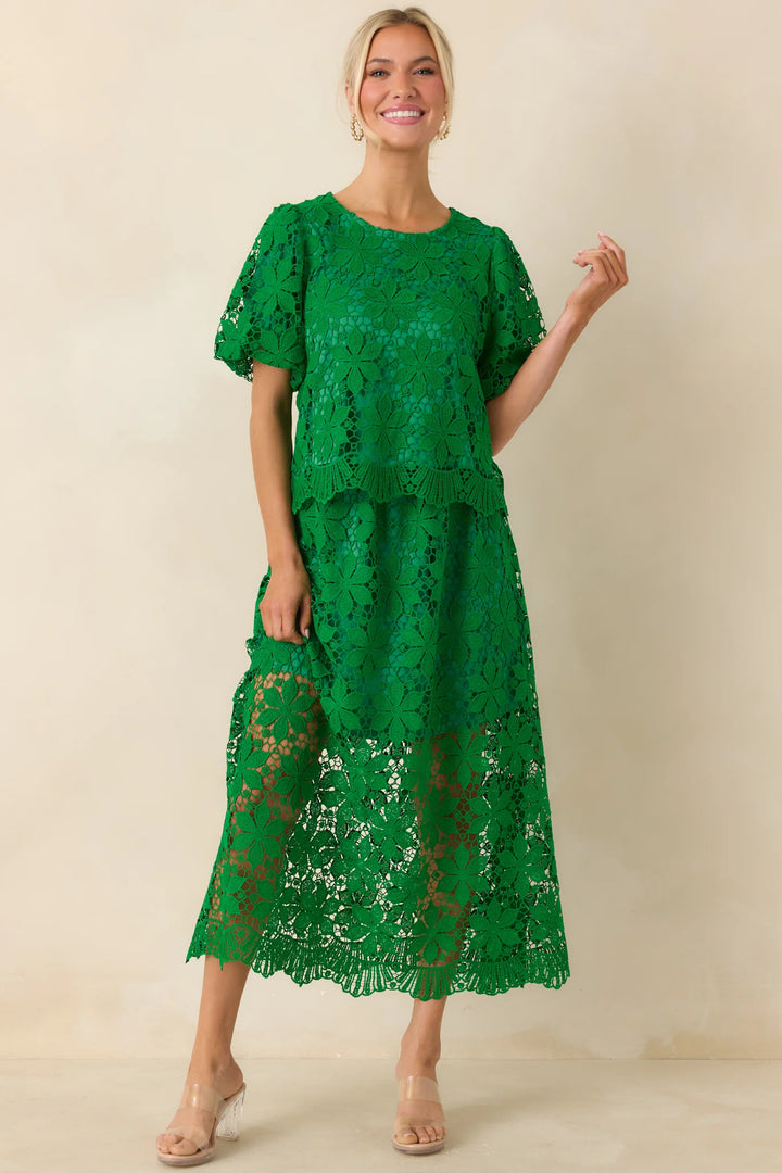 All the Attention Green Floral Lace Short Sleeve Top