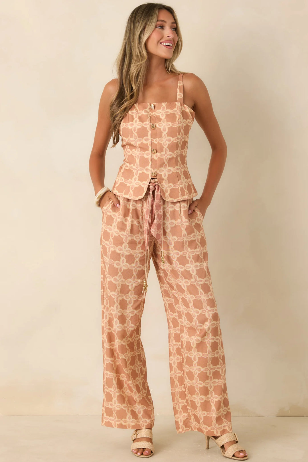 Write Me Back Tan & Ivory Printed Wide Leg Pants
