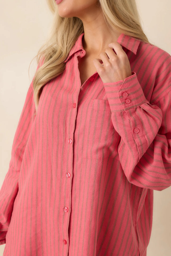 Z Supply The Perfect Coral Pink Stripe Button Up Top