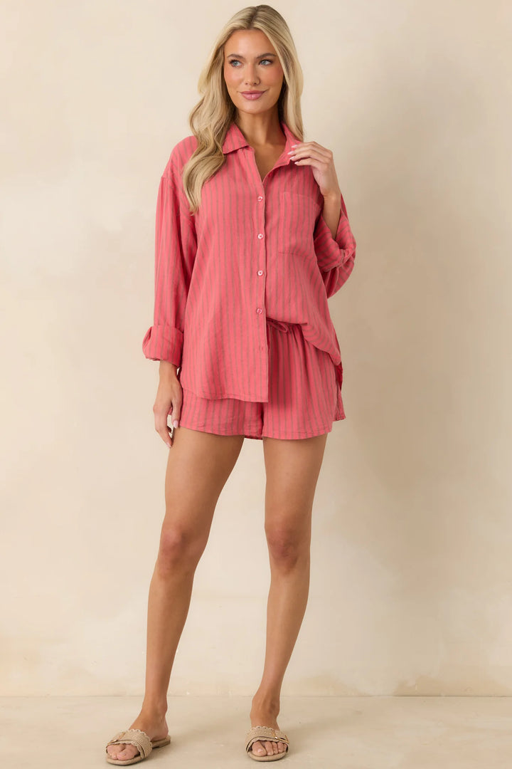 Z Supply The Perfect Coral Pink Stripe Button Up Top
