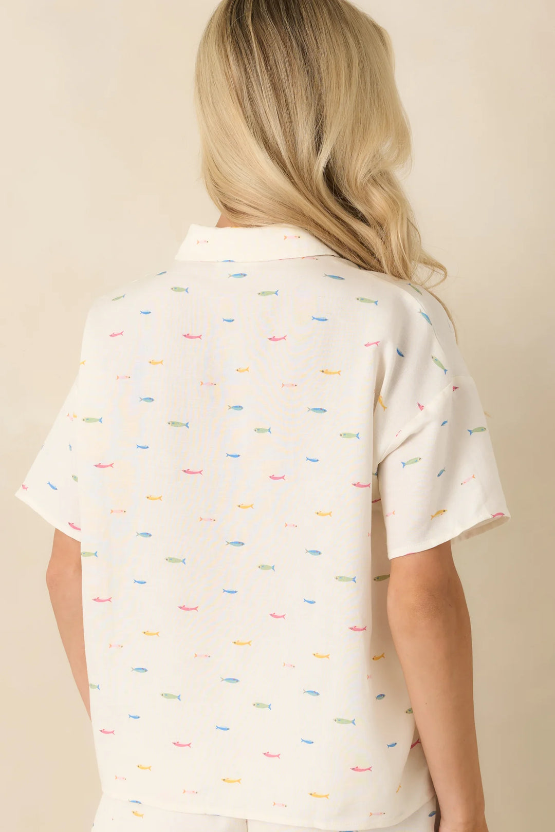School's Out Ivory Multi Fish Print Button-Up Top