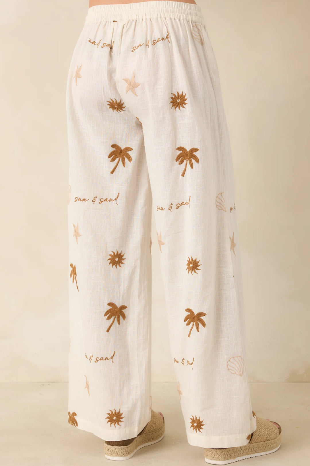 Driftwood Days Light Beige Cotton Coastal Embroidered Wide Leg Pants