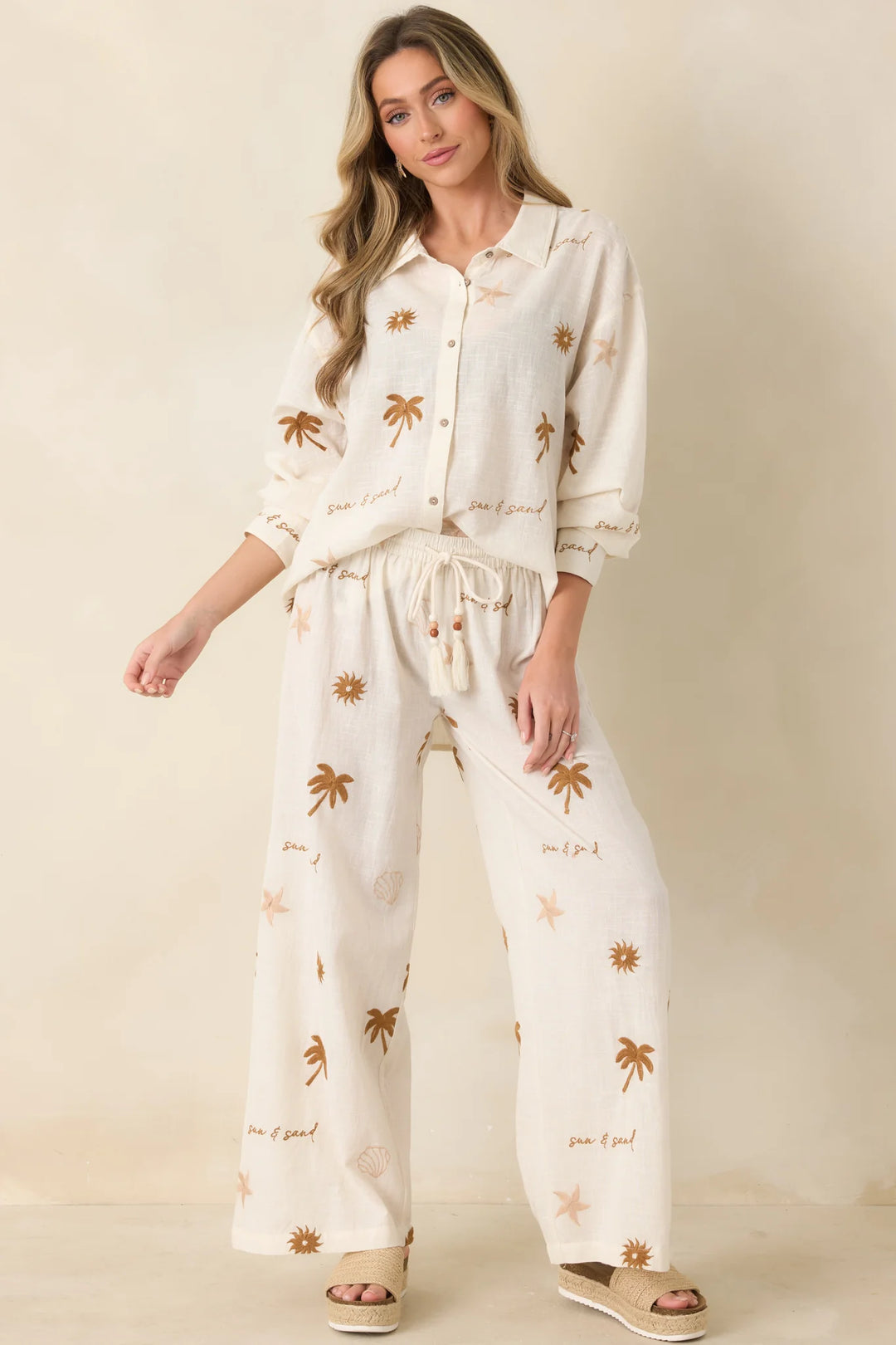 Driftwood Days Light Beige Cotton Coastal Embroidered Wide Leg Pants