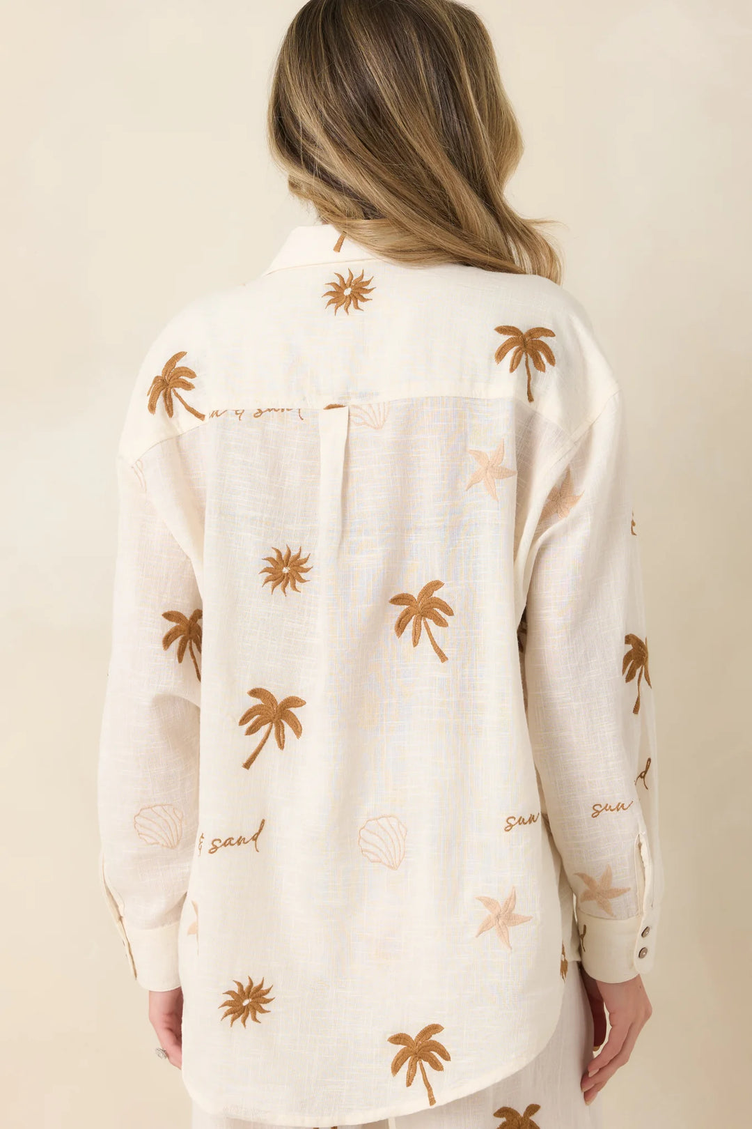 Driftwood Days Light Beige Cotton Coastal Embroidered Button Down Top